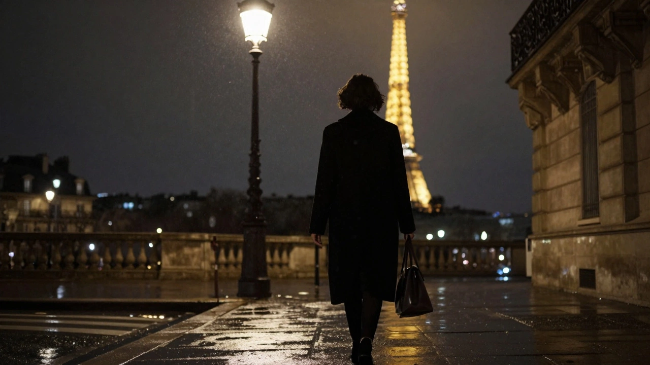 A silhouette walks away down a rainy Paris street at night, the Eiffel Tower faintly visible in the distance.